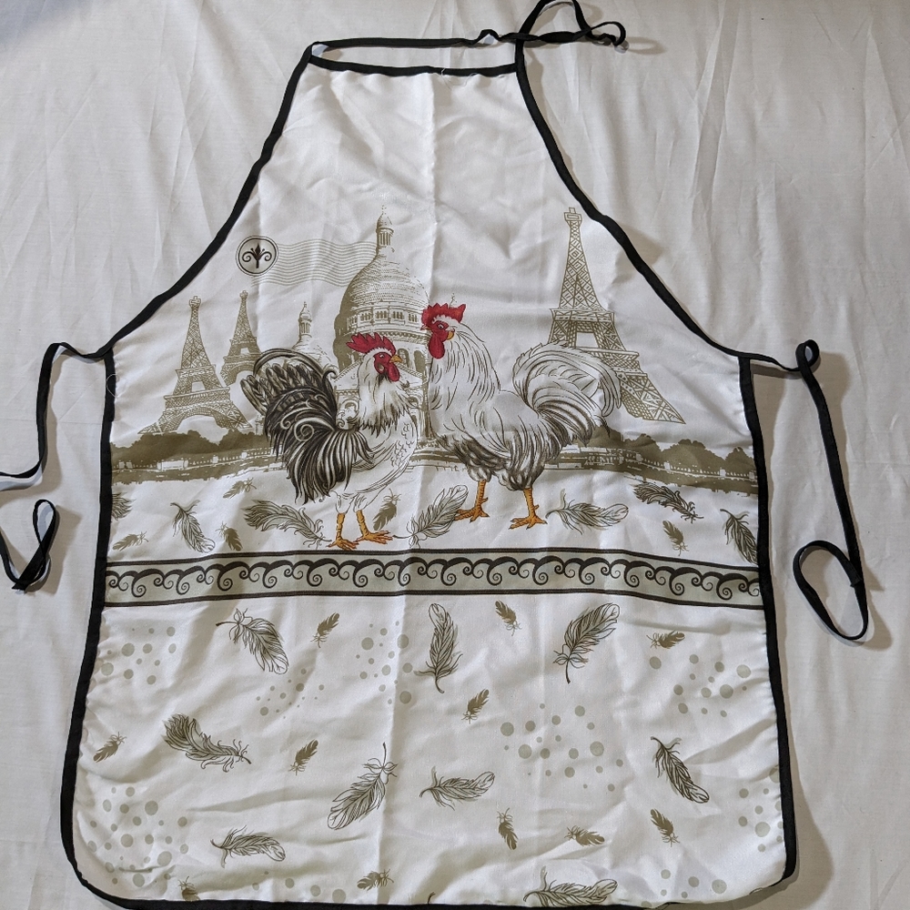 "Roosters in Paris" printed polyester bib apron tieback one size
